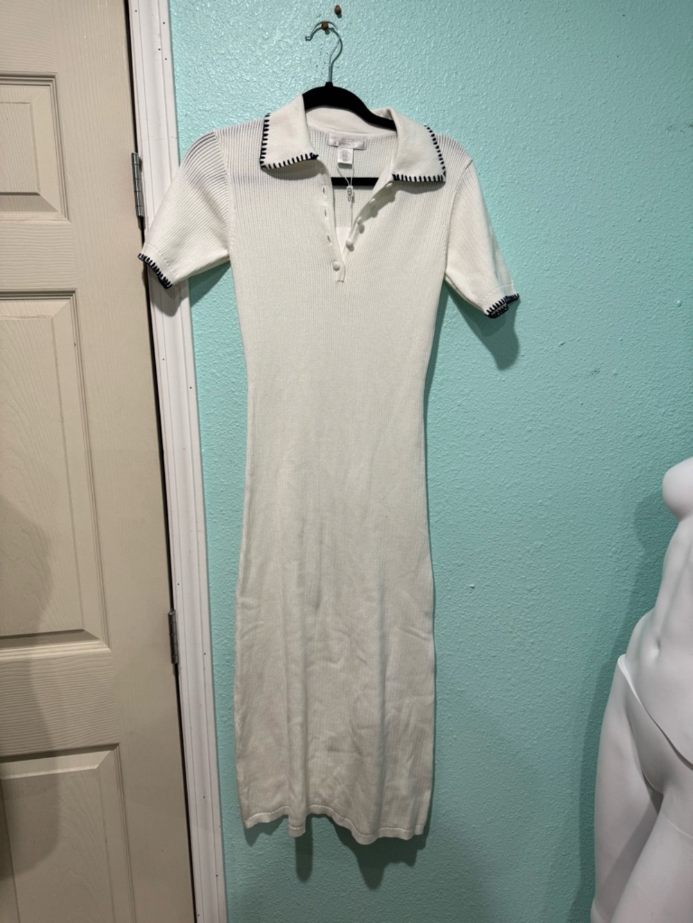 Caroline Constas White Knit Polo Midi Dress with Black Trim